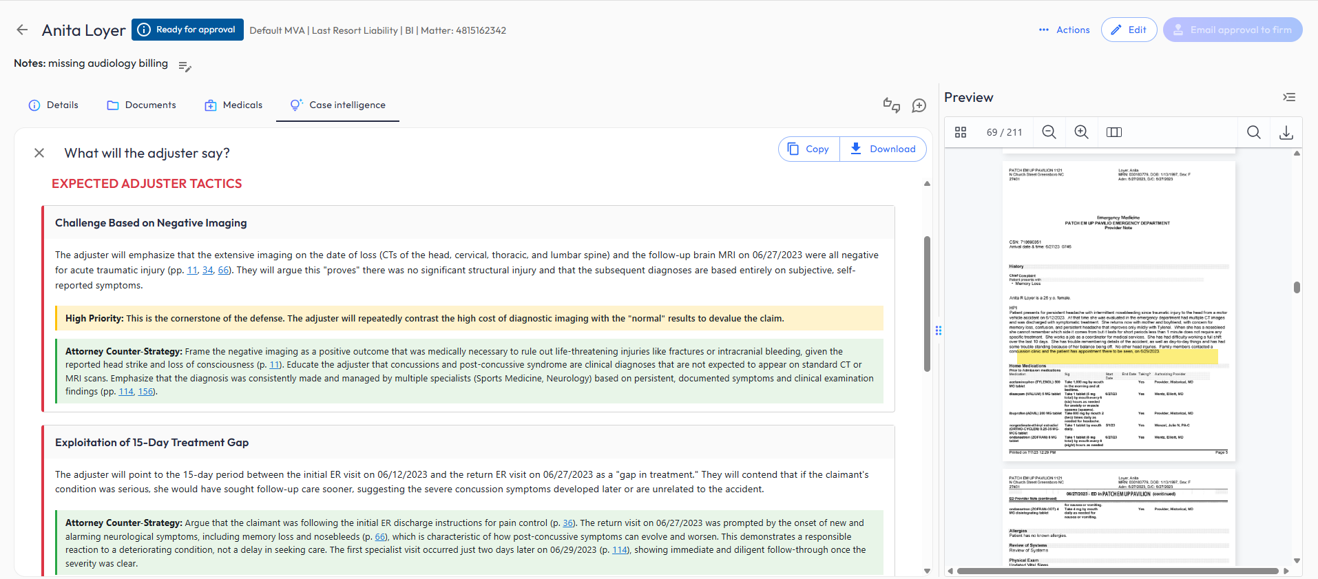 Precedent Case Intelligence showing expected adjuster tactics with attorney counter-strategies
