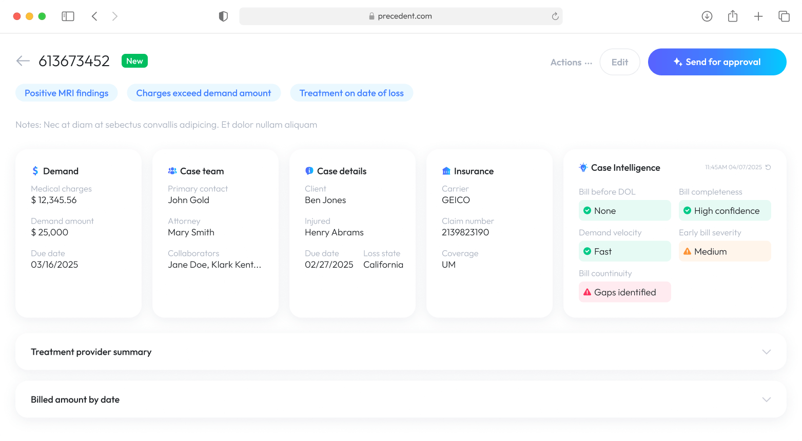 Precedent case dashboard showing demand details, case team, insurance info, and Case Intelligence panel