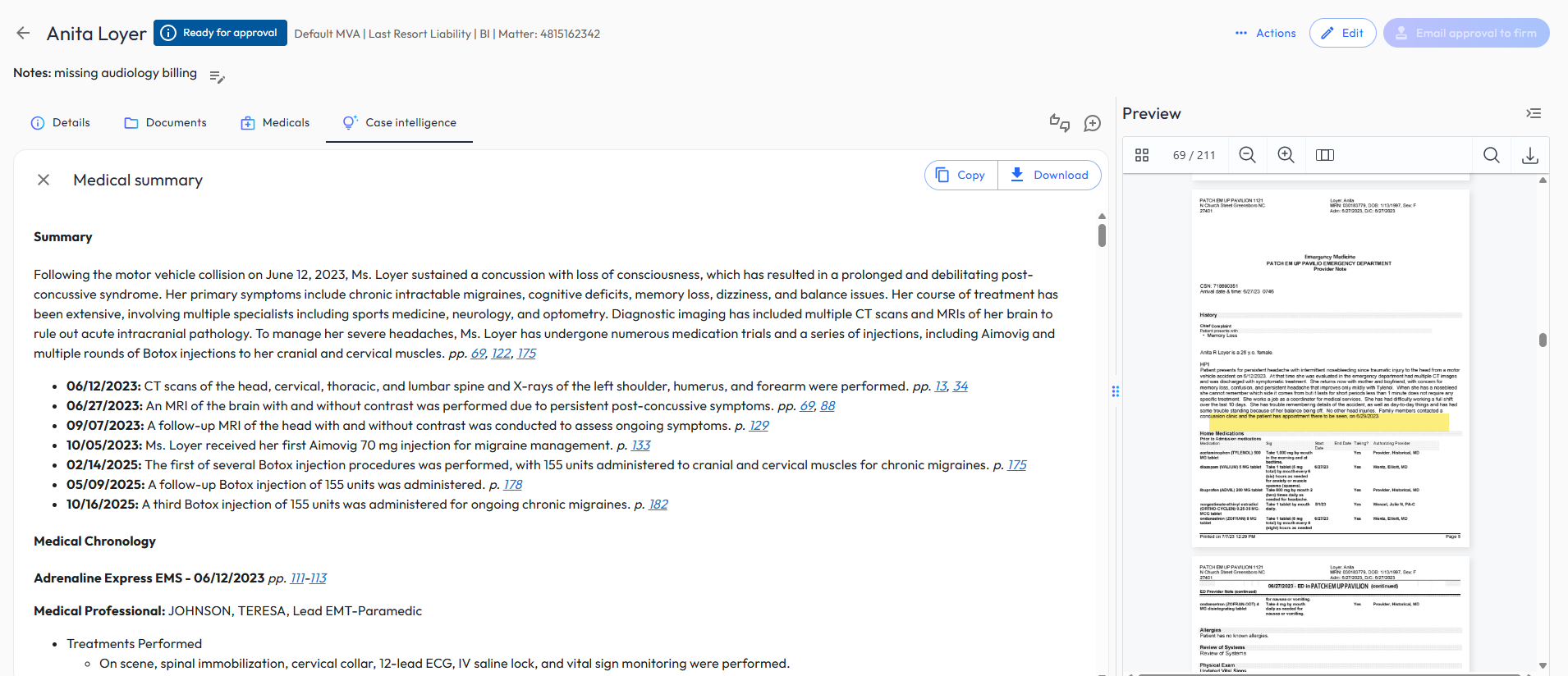 Precedent medical chronology with hyperlinked citations and document preview